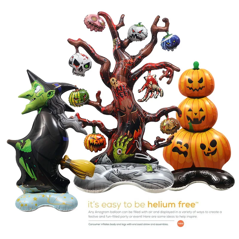 Halloween 4D aufrechtes Folienballon-Set: Hexe, toter Baum, Kürbis, Cartoon-Requisiten für Schaufenster-Layout, gruselige Festival- und Heimparty-Dekoration