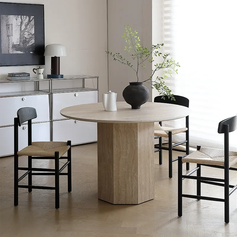 for French Medieval Travertine Rock Slab Dining Table Designer Round Table High End Round Household Small Apartment Dining