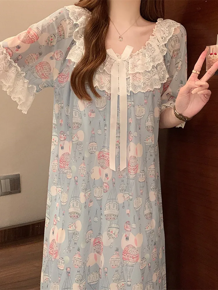 

Princ Sle Lace Trim ort Sve Sp Dr Women's Me Nightgown Summer New Design with Chest Pad Balloon Sve S...