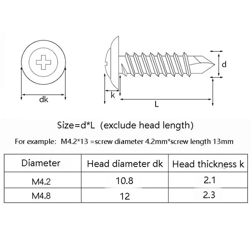 20pcs M4.2 M4.8 Dovetail Cross Drill Tail Screws 410 Stainless Steel Large Flat Head Truss Electric Drill Screw Length 13mm-50mm