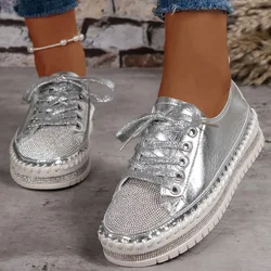 2024 Women Shining Rhinestone Loafers Bowknot Slip-on Thick Botton Casual Ladies Crystal Shoes Female Platform Sneakers Sports