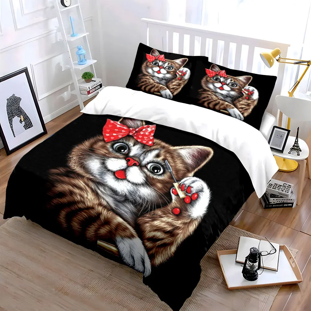 Cat with red bow applying makeup Bedding Set for Kids Luxury Gift 3pcs Digital Print Comforter Set Soft Comfortable Breathable