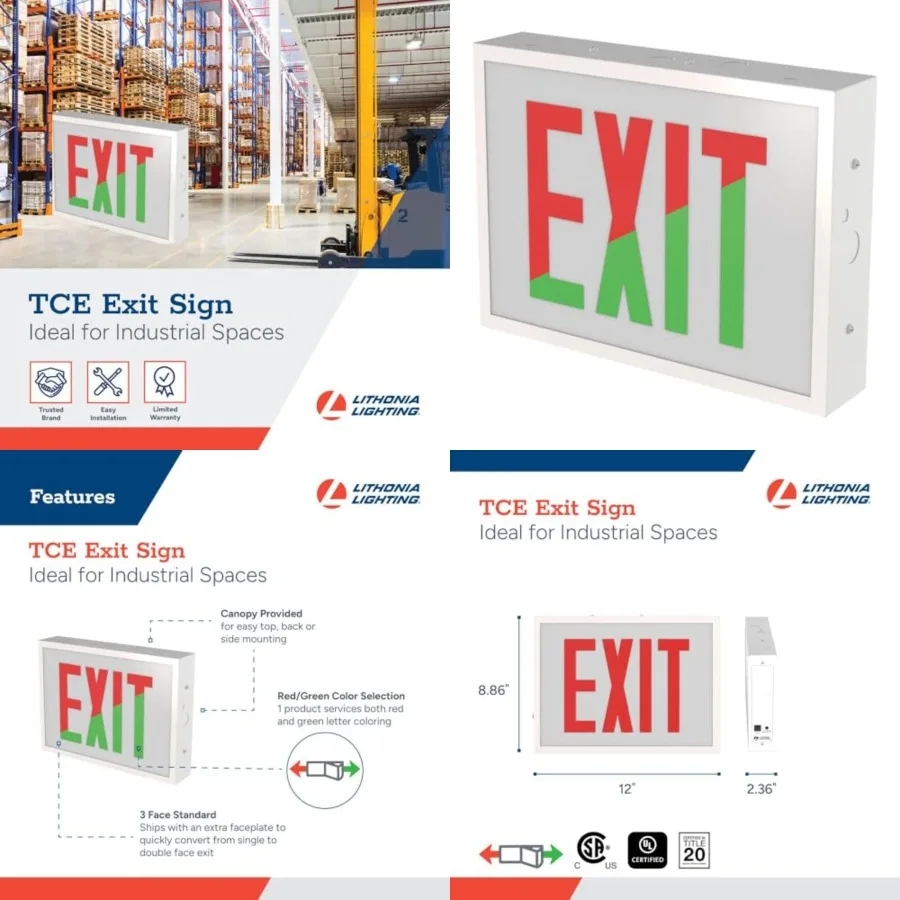 

Indura TCE Exit Sign with LED Light Source, Steel Construction, Switchable Red and Green Colors, Double Face Option, Ni-MH Batt