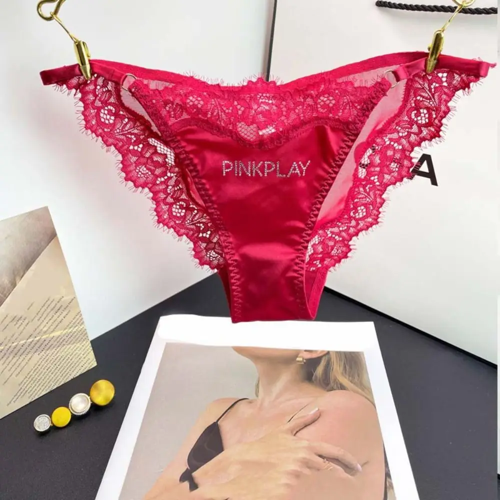 French Style Satin Silk Mid Waist Panties Rhinestone Letter Lace Briefs Thin Belt Cotton Crotch Seamless Underwear for Women