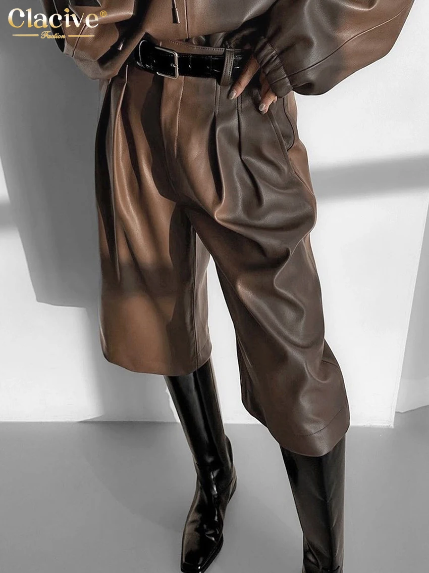 Clacive Winter Loose Brown Pu Leather Sets For Women 2 Pieces Fashion Long Sleeve Hooded Top With High Waist Pants Set Female