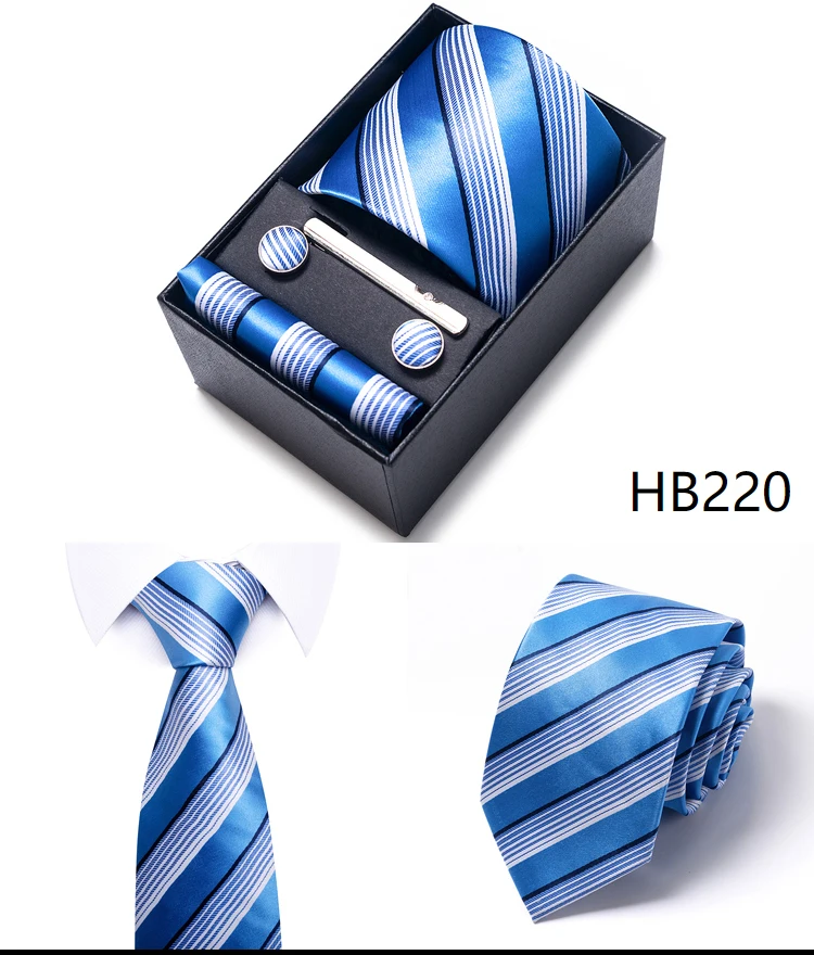 Heißer Verkauf 8 cm breite Krawatten-Sets blau solide Herren Krawatte Taschentuch Manschettenknöpfe Clip Box Hochzeitsgeschenk Seide handgefertigt – Detail 21