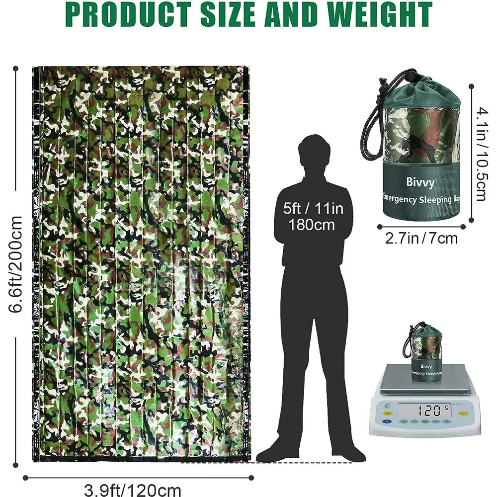 PE Emergency Sleeping Bag Camouflage Waterproof Portable Survival 120x200cm Sleeping Bag for Outdoor Camping Hiking Adventure