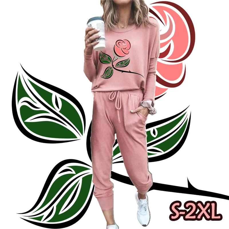 

Spring/Autumn Women's Pant Set Casual Two Piece Set Printed Rose Fashion Women's Loose Simple Sweater Versatile Six Colors