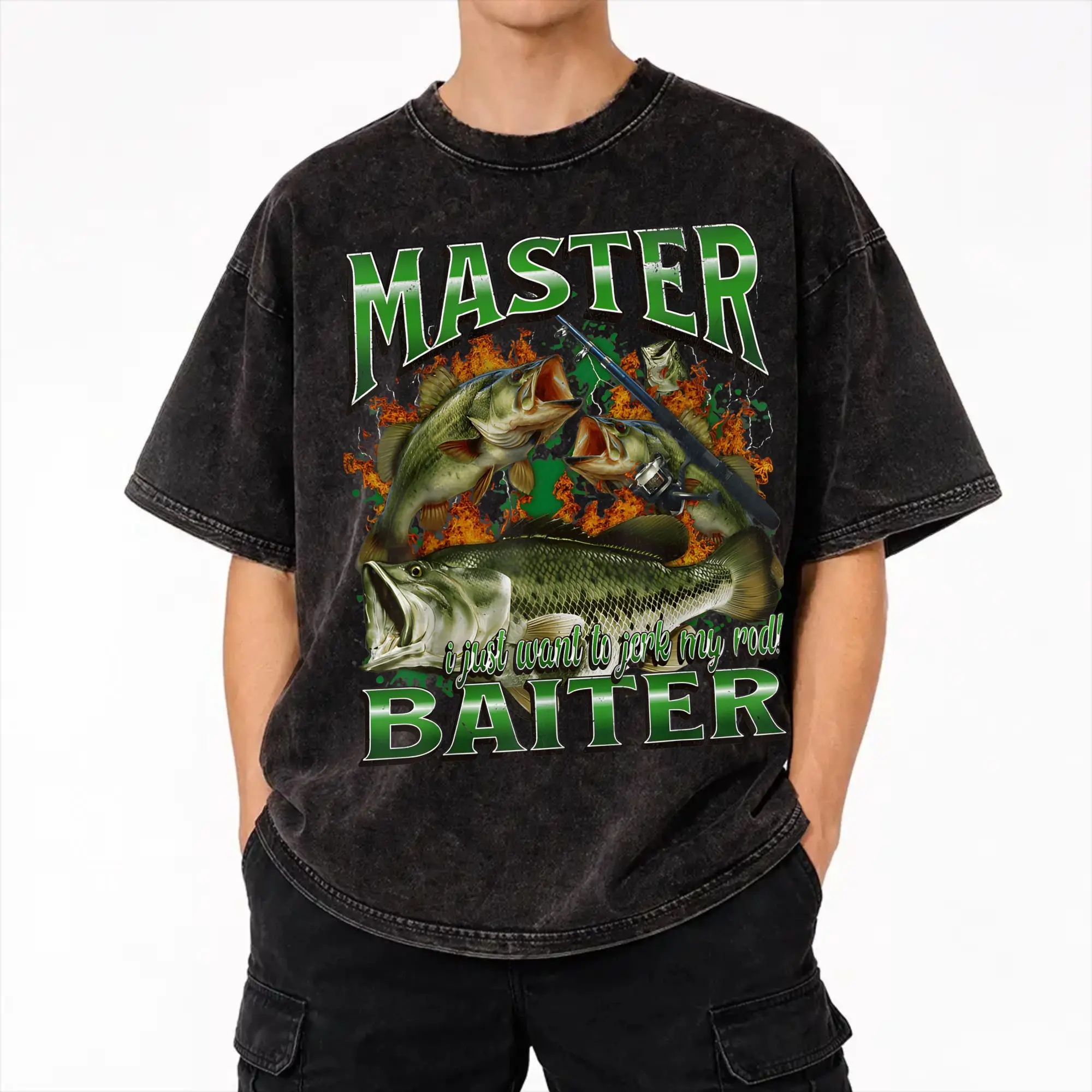 Harajuku Washed Shirts Master Baiter Funny Fishing  Merch Vintage T-Shirts High Street  Streetwear 100% Cotton Printed Tops Tees