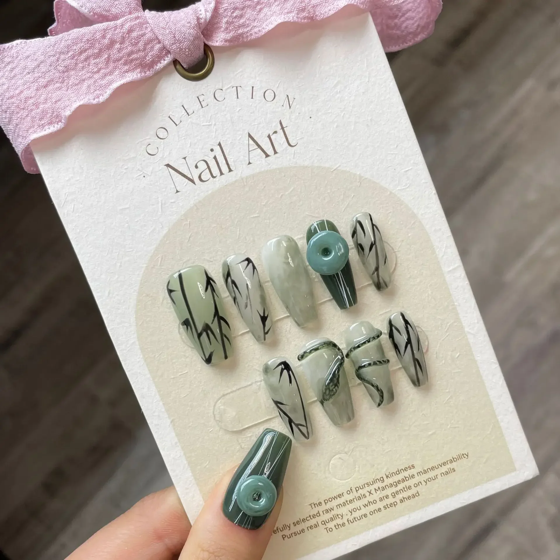 

Handmade Y2k Nails Set Press on Long Luxury Blackish Green Bamboo Design Reusable Adhesive False Nails Acrylic Nail Tip Stick On