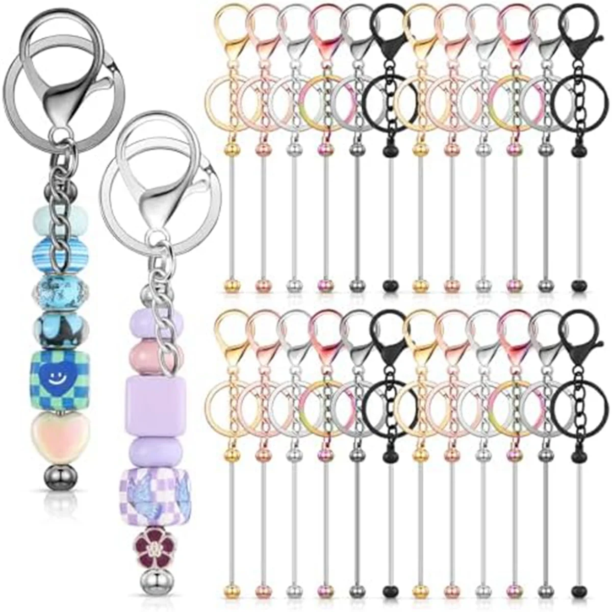 

24Pcs Beaded Keychains Bulk Beads DIY Blank Keychains Metal Beaded Keychains for Beaded Keychain Crafts A