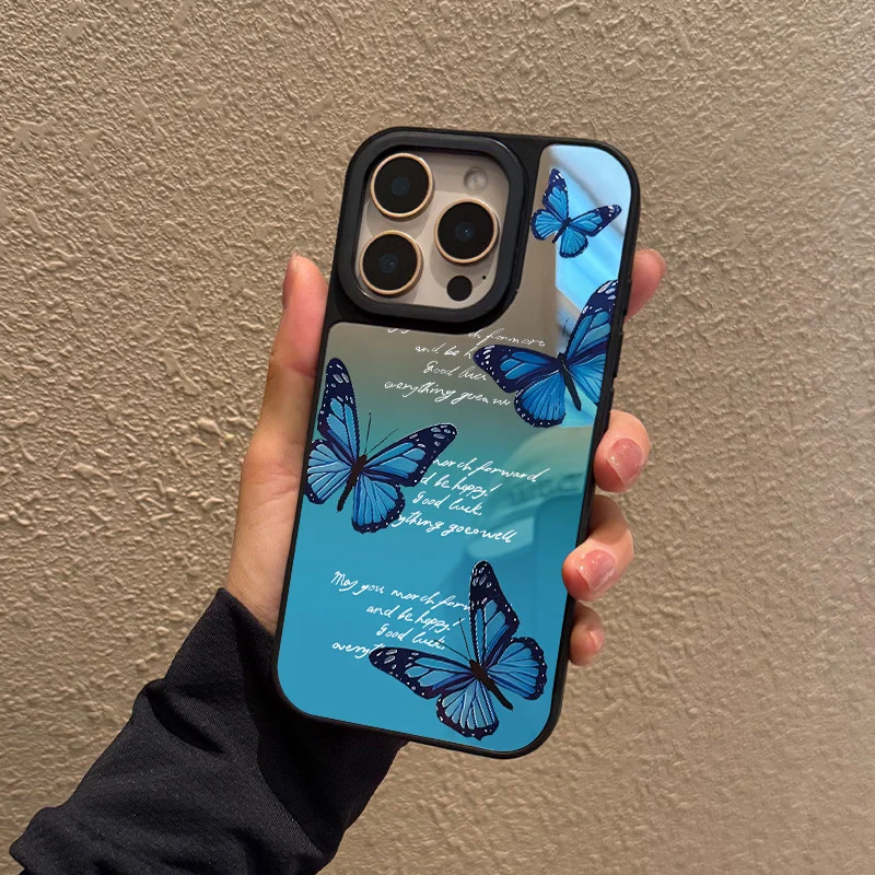 เคสกระจกคุณภาพสูงสำหรับ iPhone 11 12 13 14 15 16 17Pro Max Plus Series ลายผีเสื้อไล่สีน้ำเงิน เคสโทรศัพท์แบบกระจก