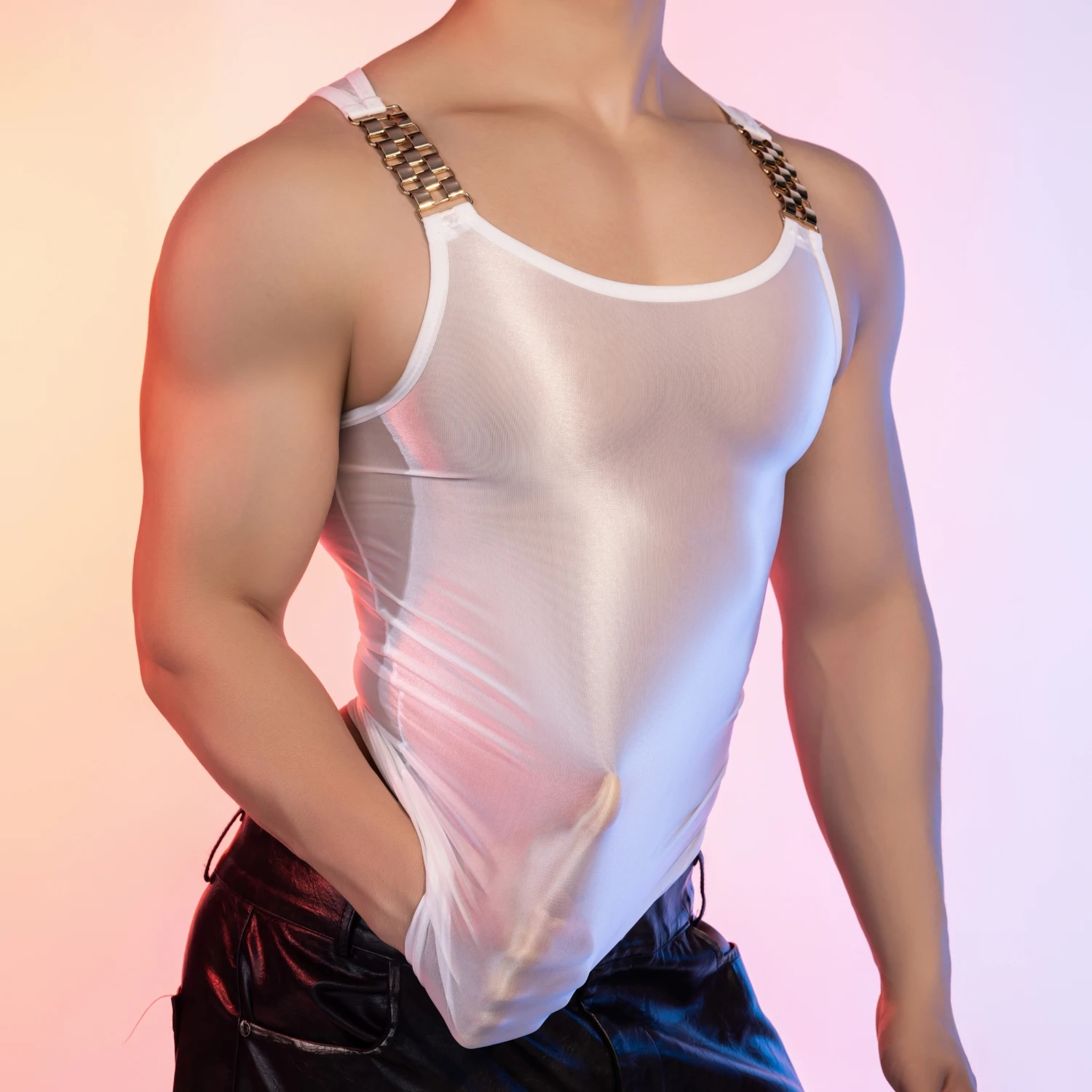 Men's Sexy Vest See Through Glossy Ultra Thin Tight Tops Fashion Metal Shoulder Strap Decoration Party Style Tights Vest