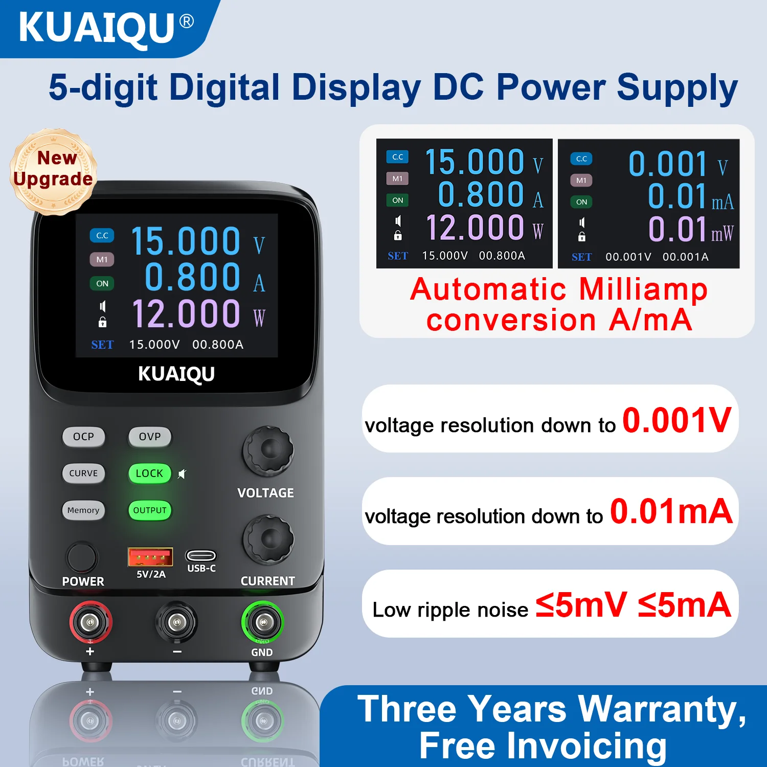 KUAIQU 5-digit Display Lab DC Adjustable Power Supply 30V 10A Bench Power Supply Portable Power Station OCP Short Circuit Killer