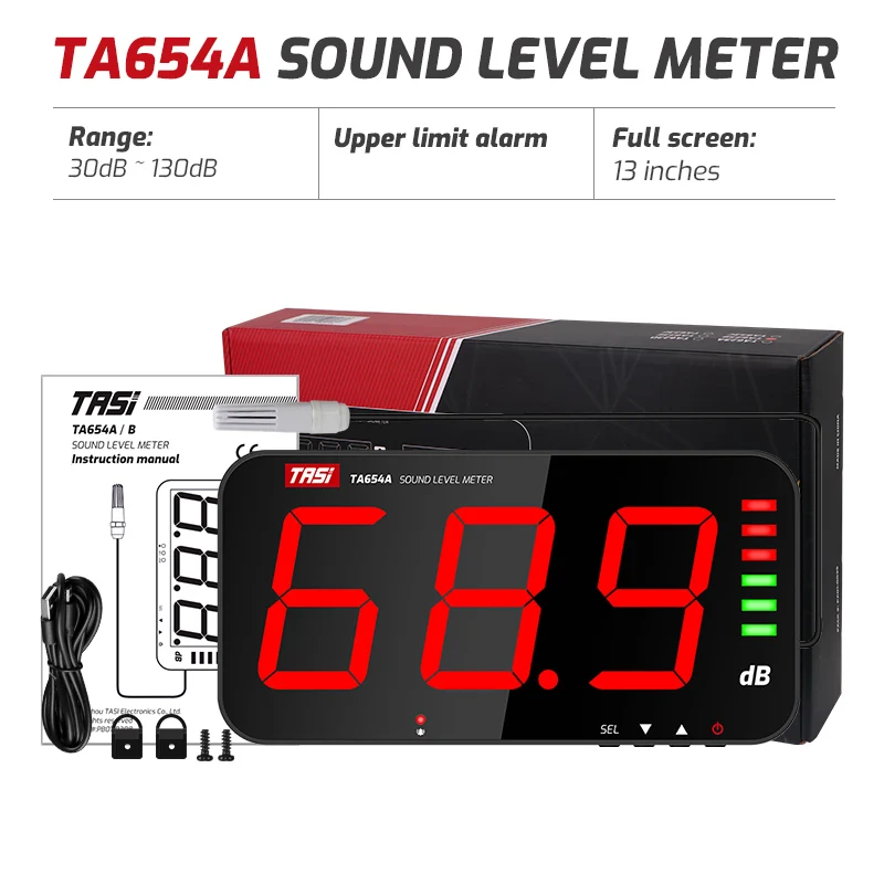 TASI TA654A/B 13 Inches LCD Decibel Meter With External Sensor, Wall Mount Sound Level Meter