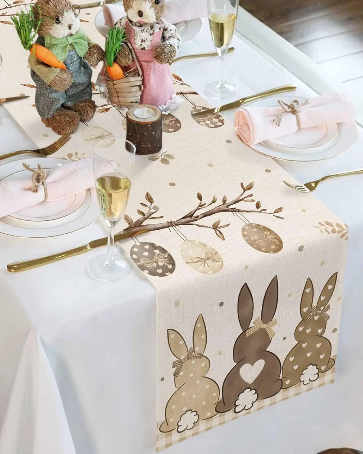 Spring Easter Bunny Eggs Linen Table Runner Holiday Party Decor Washable Farmhouse Kitchen Dining Table Runner Easter Decoration