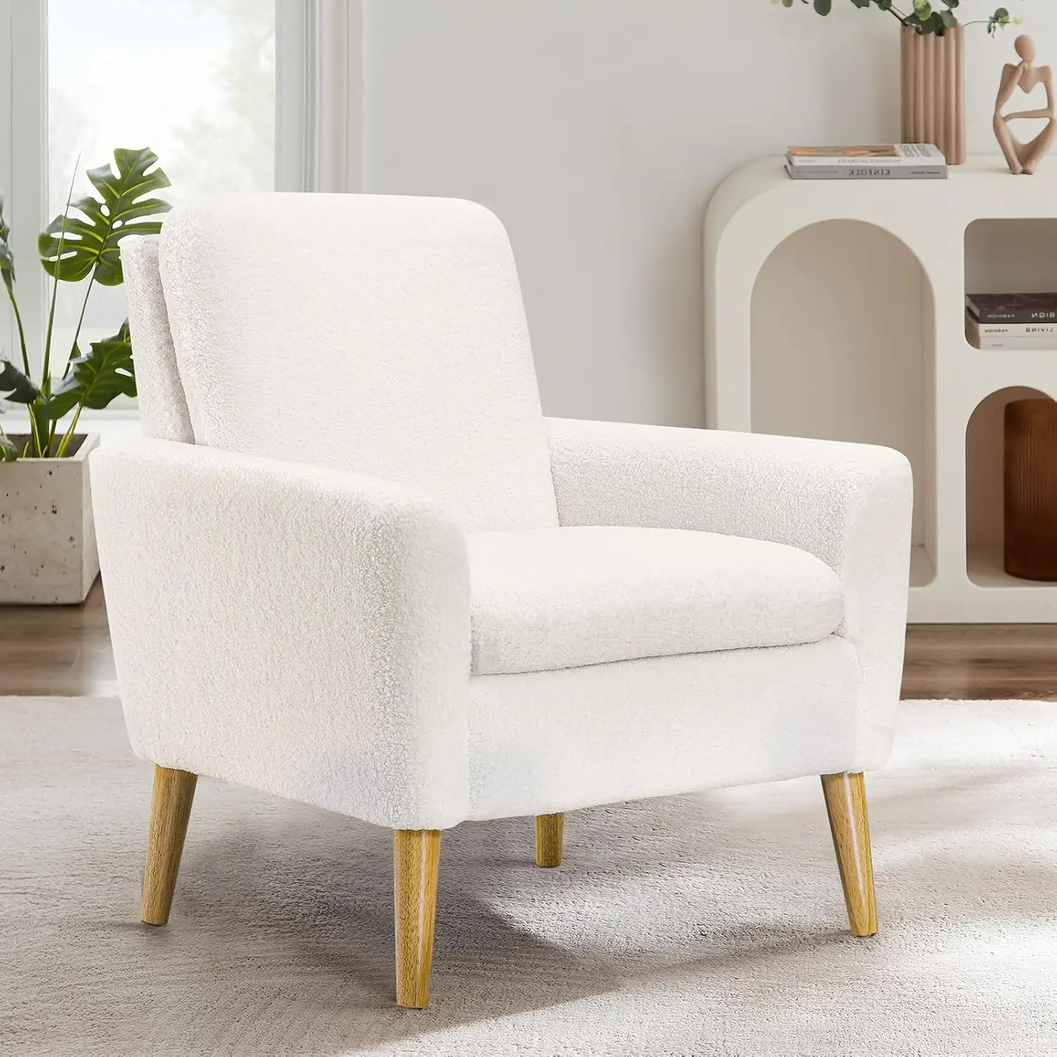 Modern Comfortable Armchair for Bedroom, Living Room, Home Office - Sherpa, White, Teddy Fabric, Wood Legs