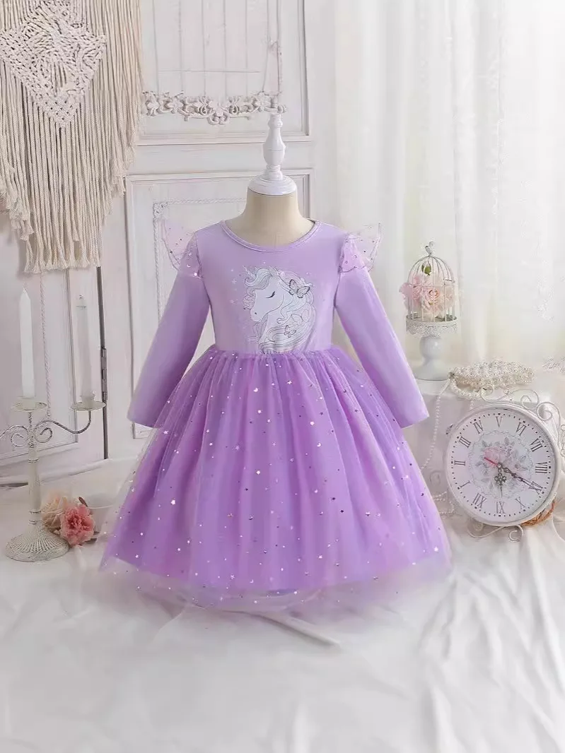 2024 Spring Summer Baby Girl Long Sleeve Princess Dress New Kid Cartoon Unicorn Party Costume Outfits Children Clothing Vestidos