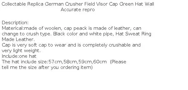 Cosplay Collectable German Crusher Field Visor Cap Green Hat Wall Sweat Ring Made Leather Replica