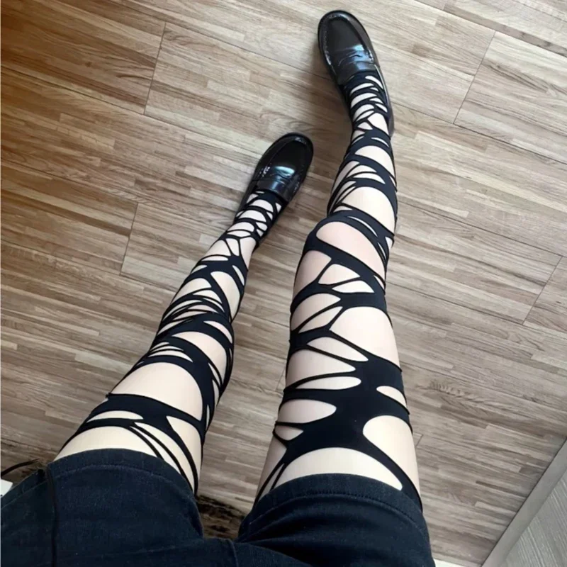 Punk Torn Strap Ragged Stockings for Woman Y2K Gothic Sexy Black Thigh High Socks Hollow Out Hosiery Lingerie Mesh Pantyhose