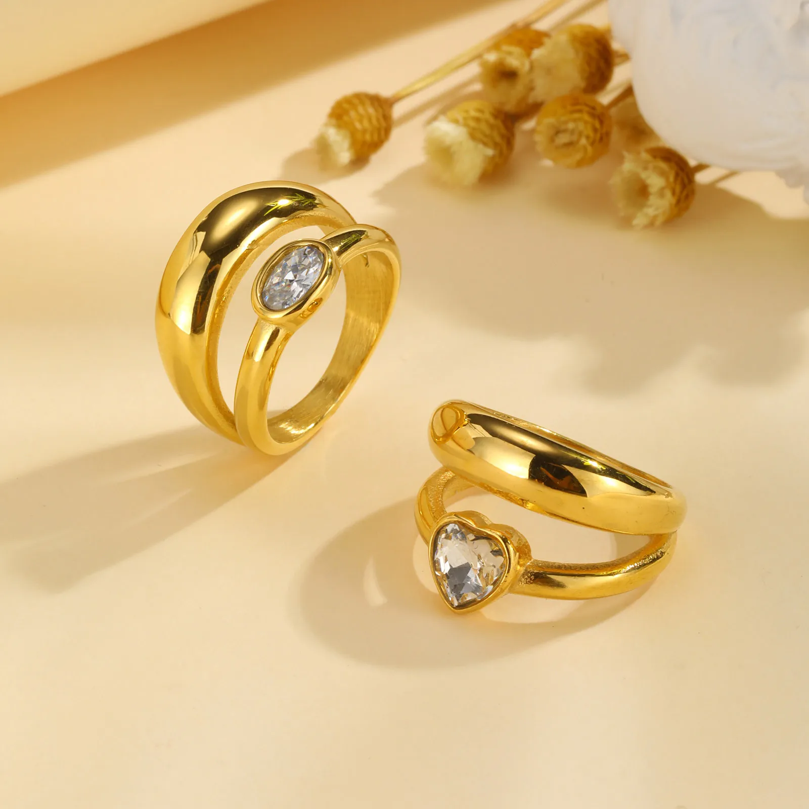 Double Layer Chunky Ring for Women, Gold Plated Stainless Steel, High Polish Statement Band Radial Ring - Image 2