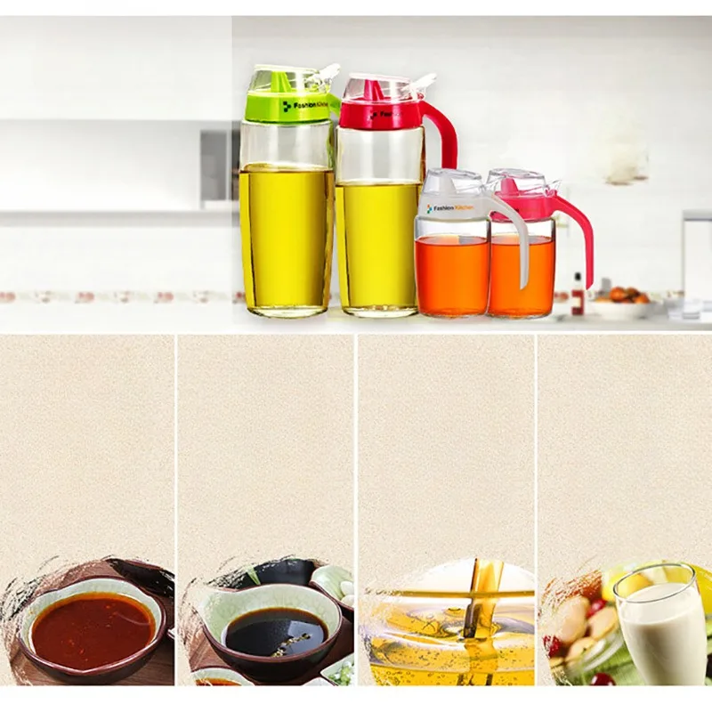 1PC Thickened Glass Leak Proof Quantitative Oil Pot, Kitchen Soy Sauce Bottle, Vinegar , Transparent Visible