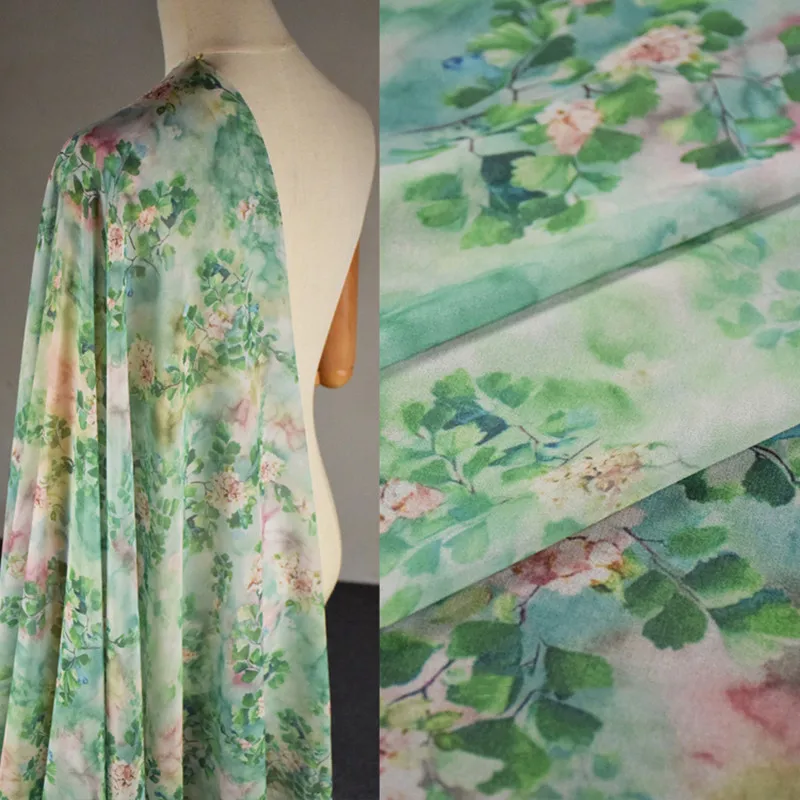 Flower Print Fabric for Lady's Garment, Green, Pink, Flower Print, Han Cloth, High Grade, Spring, Summer Dress, T1891