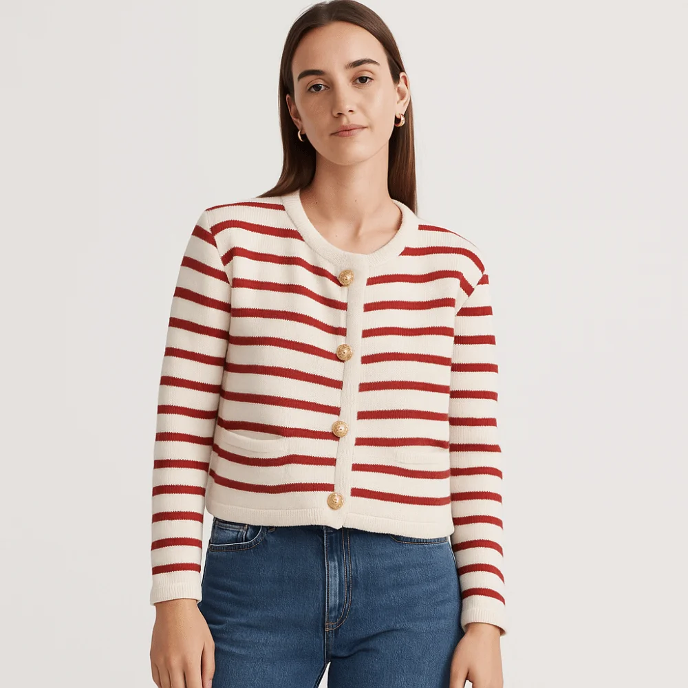 

Long Sleeve Striped Cardigan Shirt Sweaters Preppy Style Round Neck Striped Knitwear Front Button Ladies Short Tops