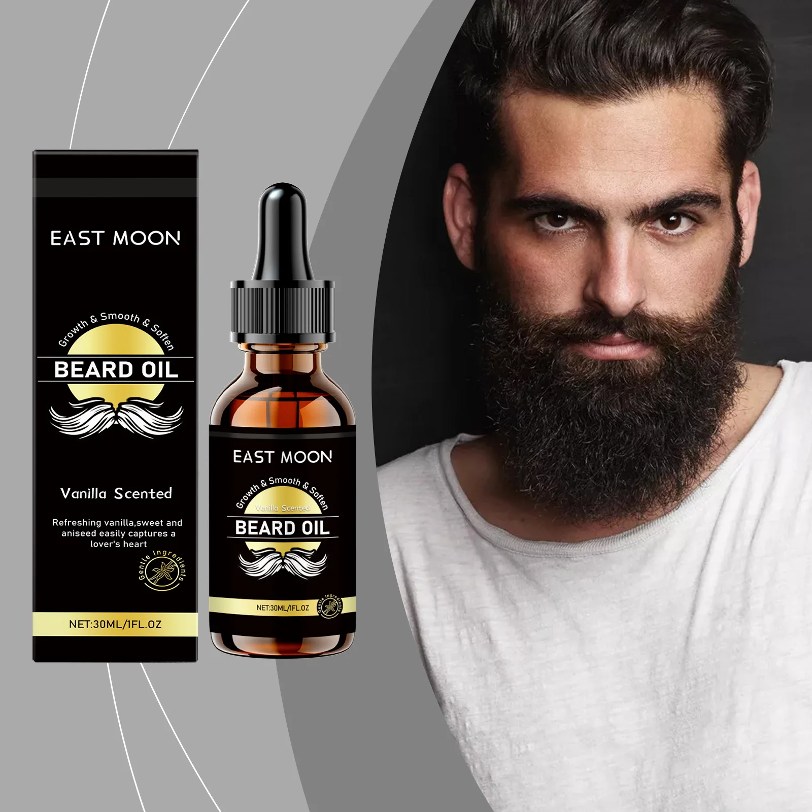 

East Moon Vanilla Men's Beard Care Essential Oil Gentle Cleansing Pampering Moisturizing Softening Reduces Breaking and Drying