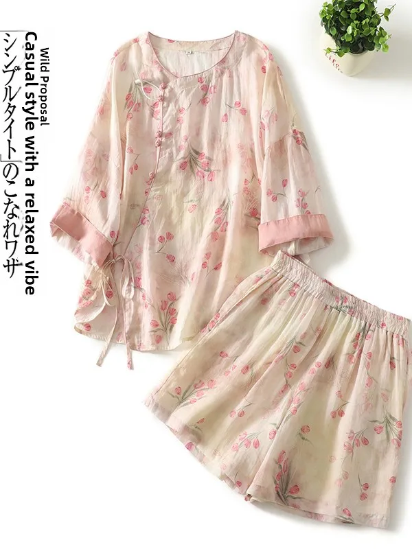 

2026 New Set Summer Silk Printed Oblique Sleeve National Style Top Shorts Set Women's Fashion Ensemble