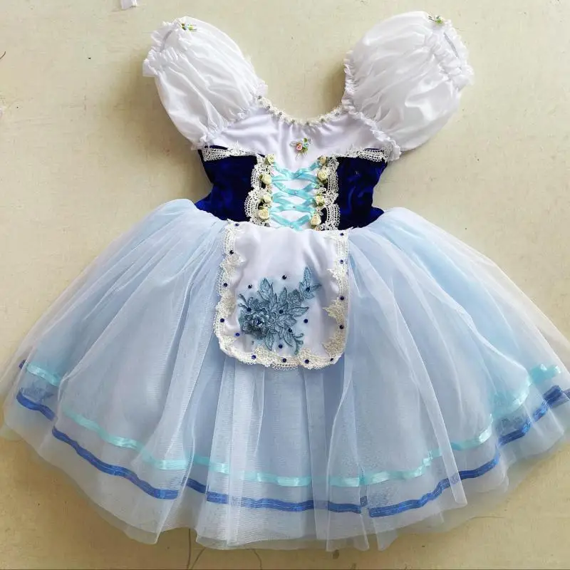 Robe de Ballet pour enfants, vêtements de danse Giselle, bleu, Costume de spectacle romantique pour filles, tenue de princesse longue en gaze