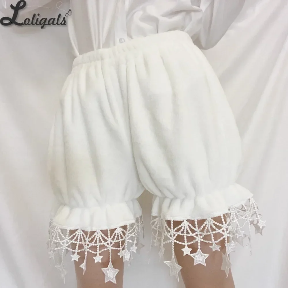 

Sweet Autumn Winter Lolita Bloomer Cute Flannel White Shorts with Star Tassels