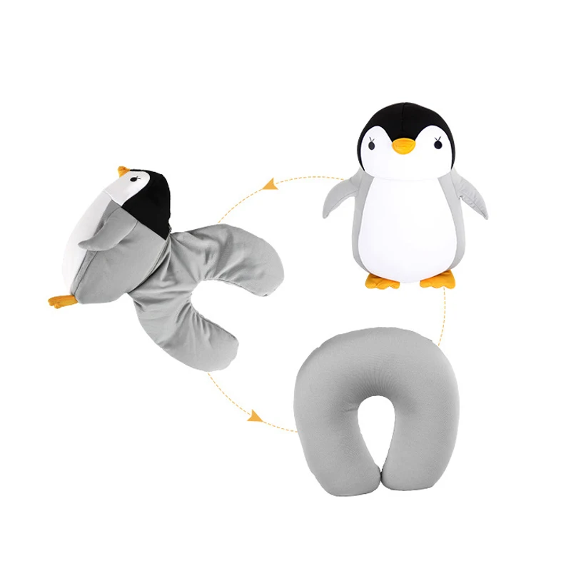 1PCS Gray 30cm Penguin U-Shaped Cartoon Deformation Pillow Dual-Purpose Particle Neck Protection Pillow