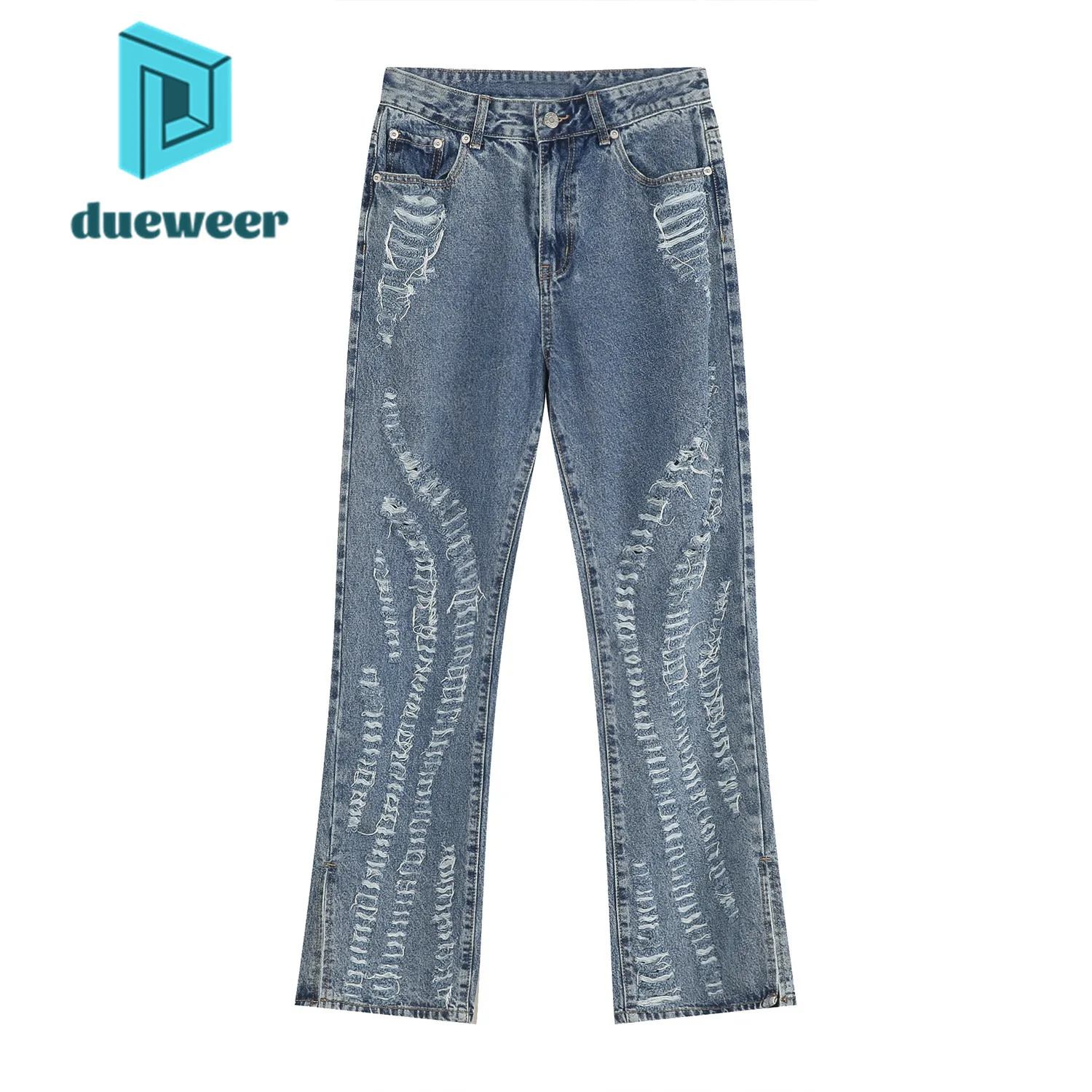 

DUEWEER 2022 Summer Vintage Ripped Trousers Slit Jeans Men Baggy Straight Hole Denim Pants Scratch Punk Distressed Streetwear