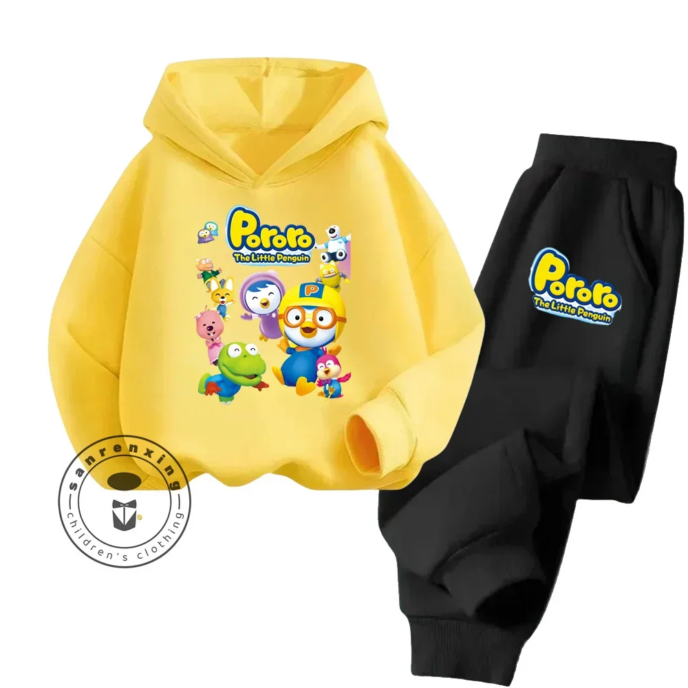 2024 Pororo Children's Cartoon Spring and Fall Boys and Girls Daily Fashion Sports Set Long Sleeve Trousers Kawaii Hoodie Set