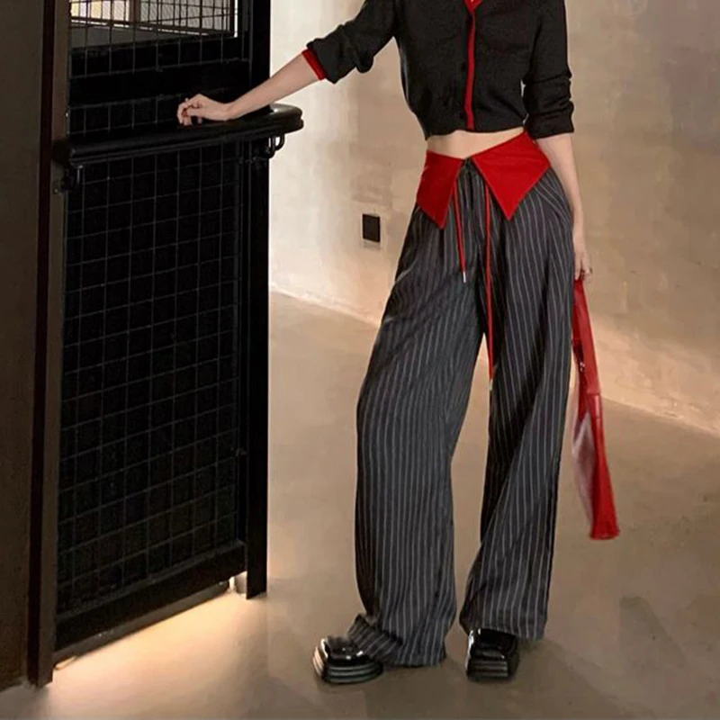 

Elegant Striped Suit Pants Women Streetwear Fashion Patchwork Wide Leg Pants Summer Korean High Waist Baggy Straight Trousers