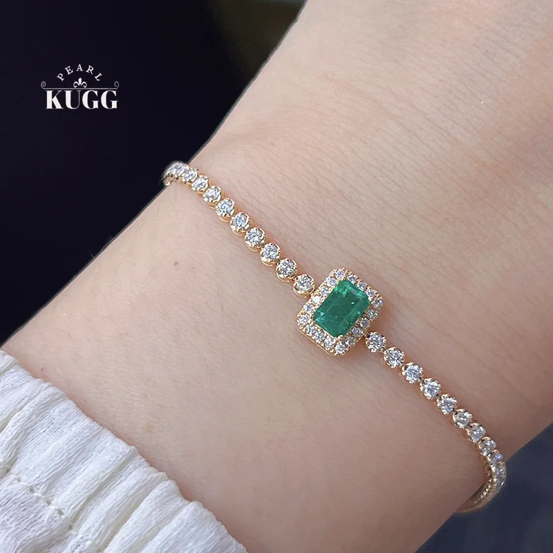 KUGG 100% 18K Yellow Gold Bracelet Fashion Geometric Shape Natural Emerald Bracelet for Women Wedding High Diamond Jewelry