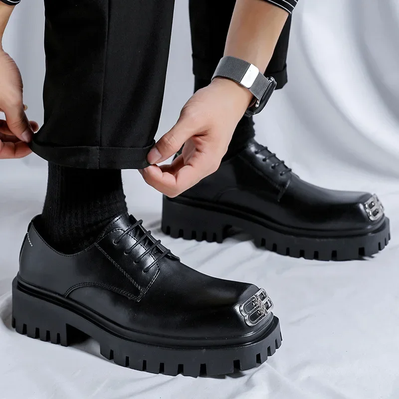 أحذية جلدية كاجوال للرجال برأس كبير عصري على الطراز الكوري أحذية ديربي سميكة القاع للركاب أحذية للكبار نعل مطاطي #3