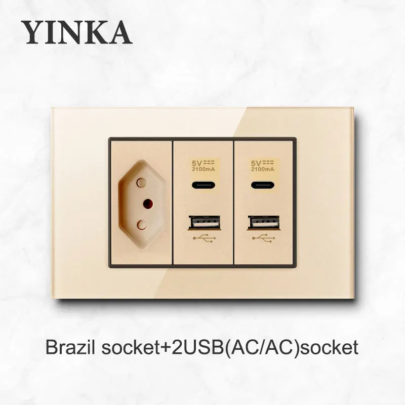 YINKA BrazilTempered Glass Panel Golden Luxury Pass-through Switch Cross Switch Socket Light Control Power Point Outlets USB NET
