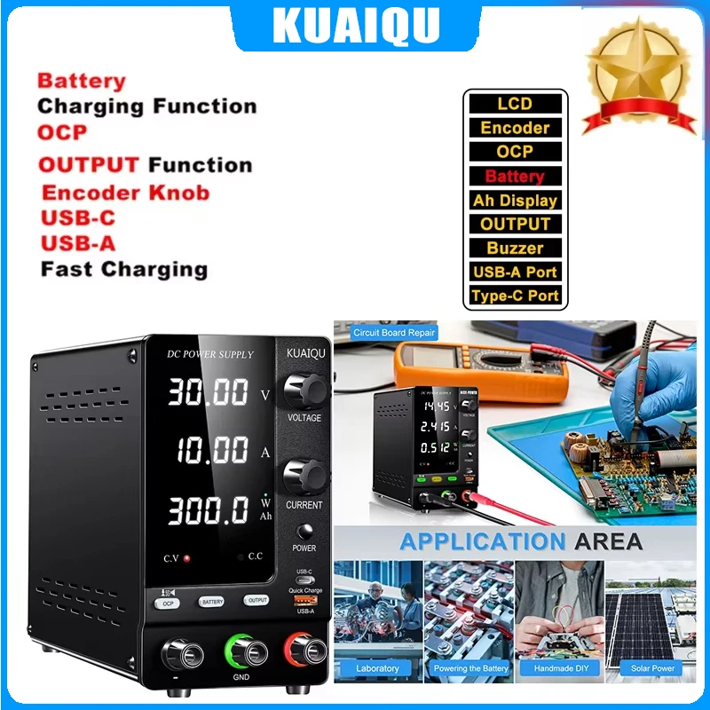 

KUAIQU Battery Charging Lab Power Supply 24V 36V 48V Adjustable Source OCP Output Switch Voltage Stabilizer Type-C Quick Charge