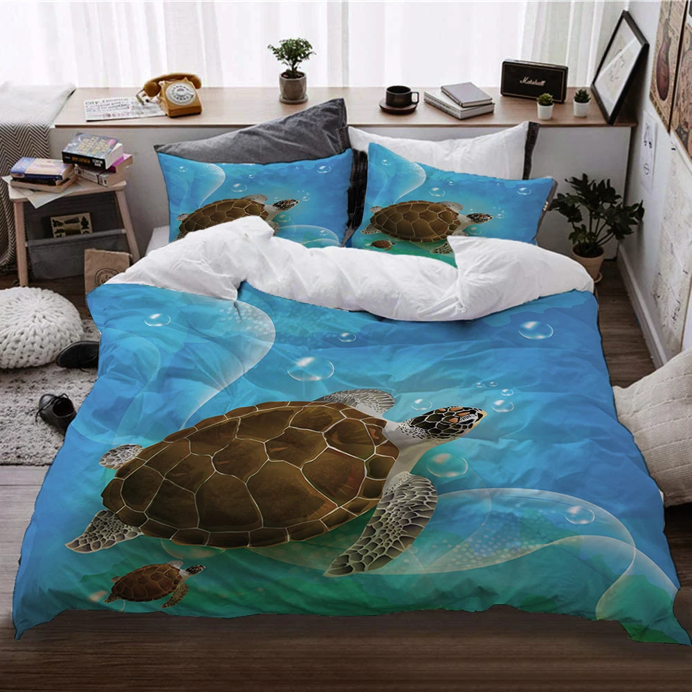 Three piece set of ocean anime turtle polyester brushed high-quality bed sheets, duvet covers, bedding