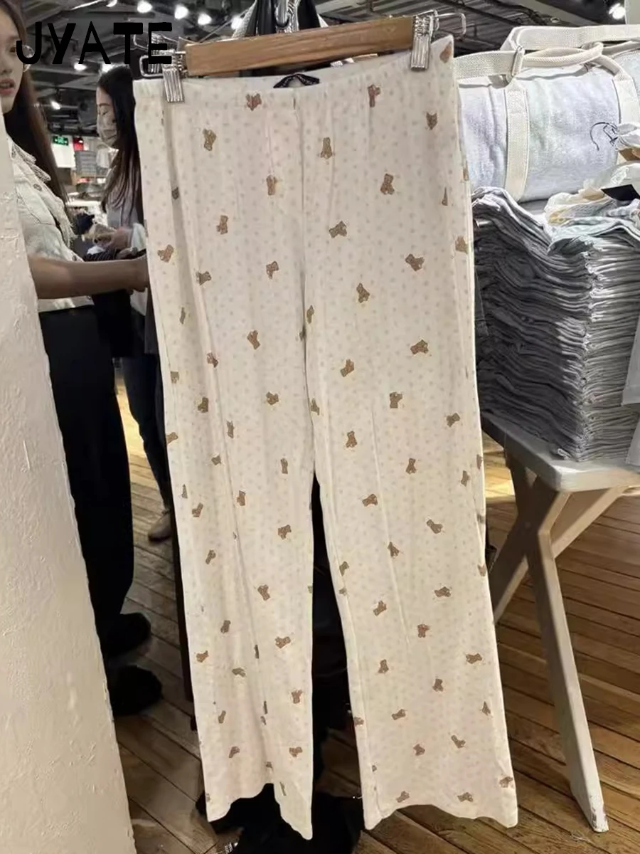 Cute Heart Little Bear Print Long Pants Women Summer New Cotton Soft Casual Elastic Waist Pant Sweet Vintage Chic Trousers Y2K