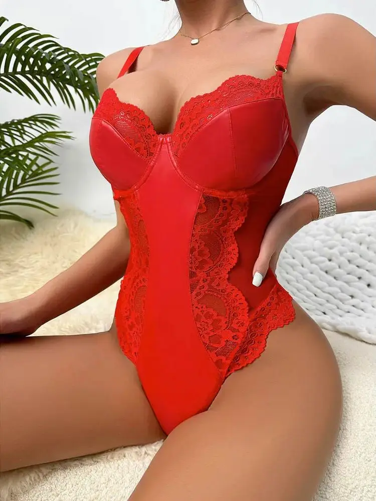 V-Neck Faux PU Couro Bodysuit, Lace Malha Transparente Swimsuit Calças Justas, Alta Corte Tanga, Sukumizu Sexy Corpo Peludos Lingerie, S-XXL