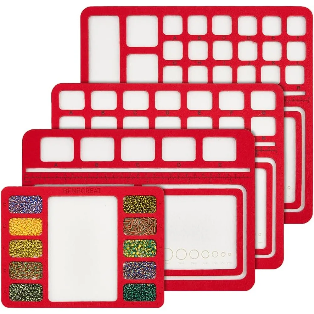 4 Styles Red Felt Beading Mat, Hard Back Bead Tray with Grids DIY Beading Bead Pads, Bead Design Boards for Art Crafts Jewelry