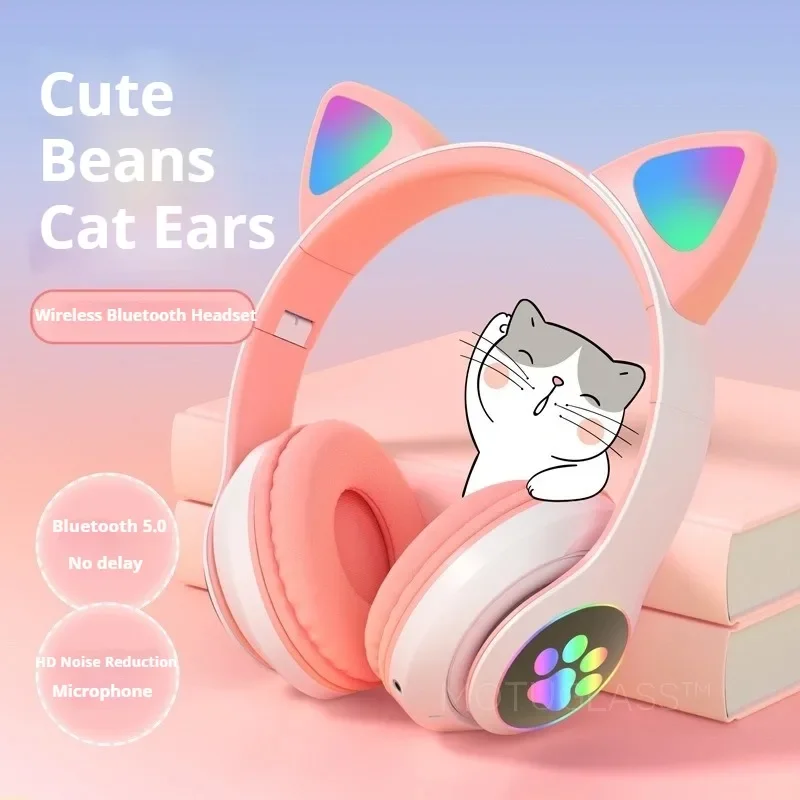 Cute Bluetooth Cat Headphones Glowing Wireless Earphones with Mic Built in for Kids Girls Students Children Ideal Christmas Gift