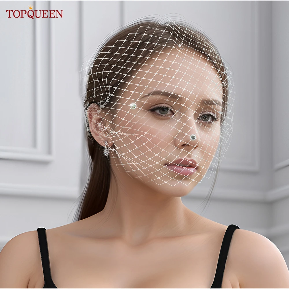 TOPQUEEN VA04  Cage Veil Face Birdcage Veil Blusher Veil Russian Tulle Veil With Rhinestone Wedding Gowns