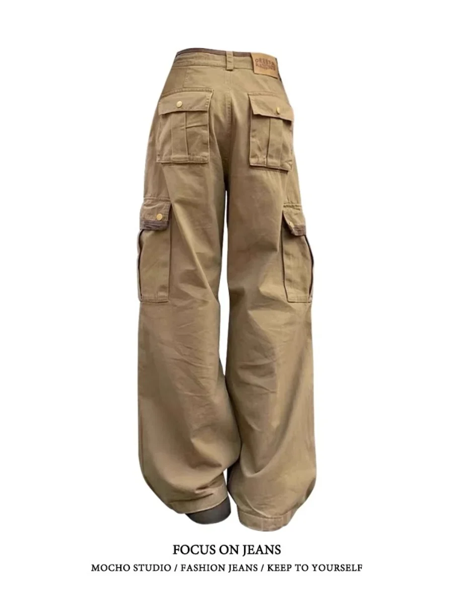 Women Retro Workwear Denim Pants Spring Autumn High Street Design Loose Wide Leg Casual Trousers Multi-pocket Jeans for Female