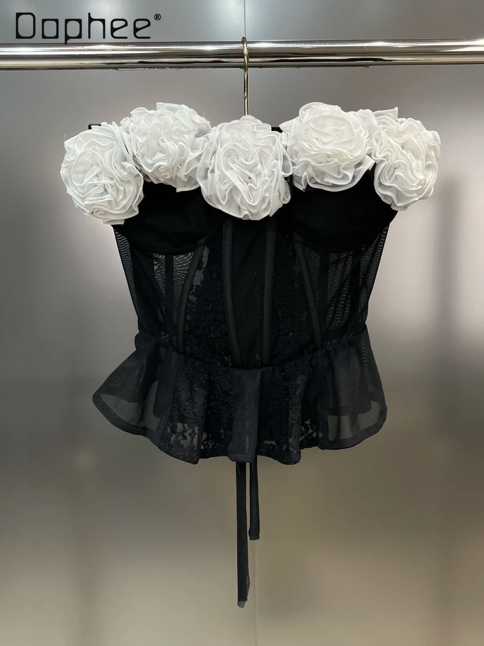 France Retro 3D Floral Lace Tops Ladies Sexy See Through Strapless Fishbone Corset Tube Top Black Embroidery Hollow Tank Top