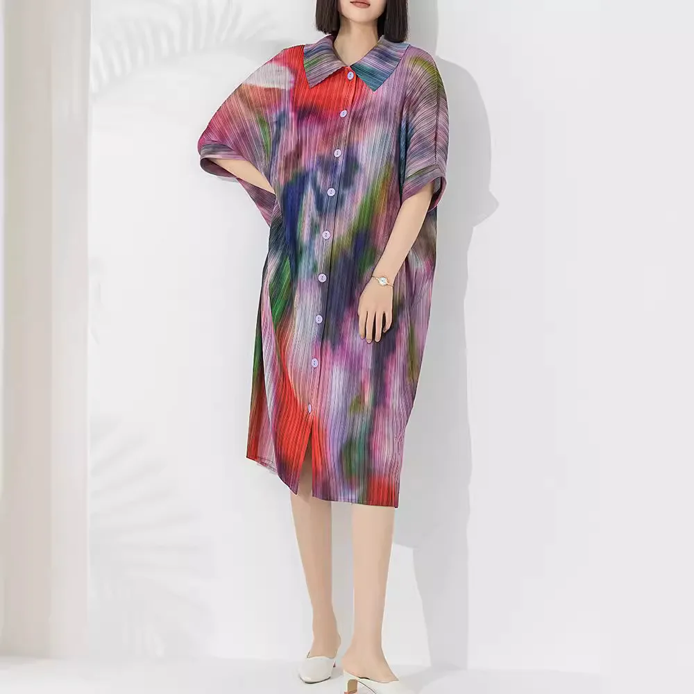 

Miyake Pleated Printed Fashion Dress Women's 2024 Summer New Shirt Collar Buttoned Loose Large Size Slim Mid-length Skirt