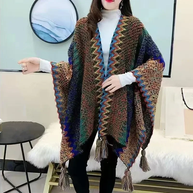 Casual Knitted Cardigan Capes Women Jackets Cloak Clothing Wraps Fashion Shawl Elegant Winter Poncho Coats Woman Sweater Jumper